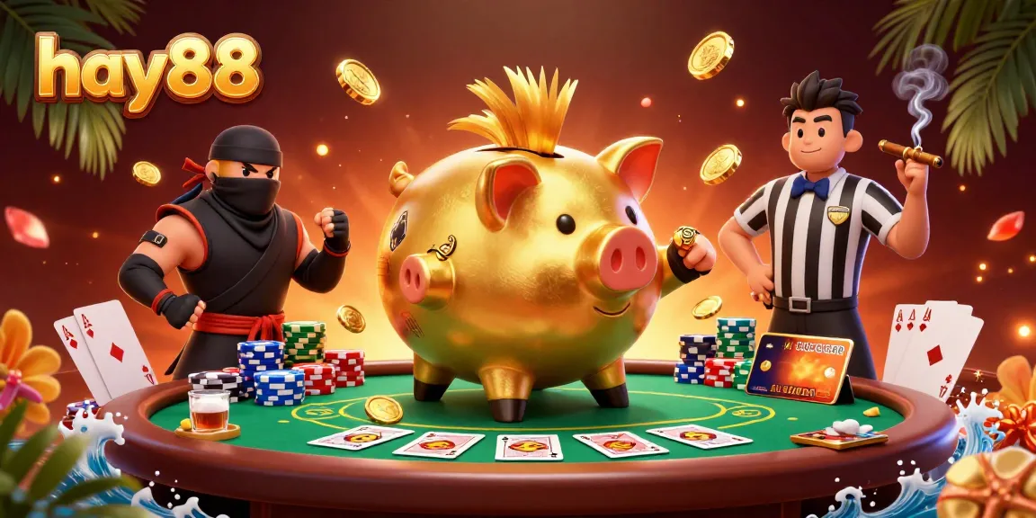 Engage with the hay88 gaming experience featuring a dynamic golden piggy bank sumo wrestler surrounded by gambling elements.