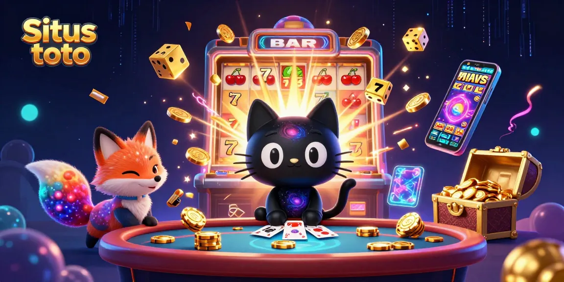 Situs toto gaming action with a vibrant cosmic scene featuring a black hole cat, colorful fox, and dynamic slot machine elements.