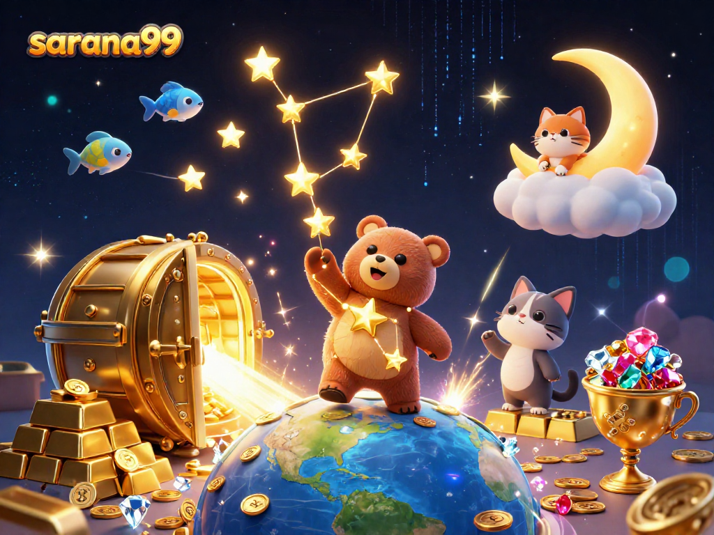Scoop coins from the Earth with sarana99 while playing with constellation characters in a vibrant casino illustration.