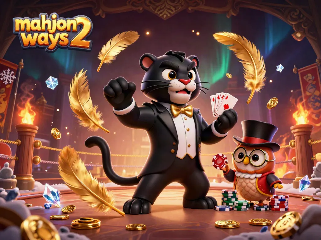 Experience the excitement of mahjong ways 2 with a stylish panther dealer, owl, and lucky mouse in an energetic casino scene.