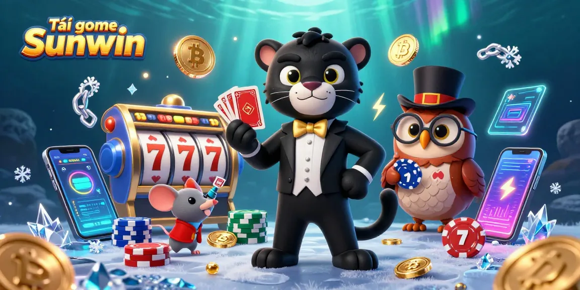 Tải game Sunwin with stylish cartoon characters in a dynamic gambling scene showcasing slot reels and crypto elements.