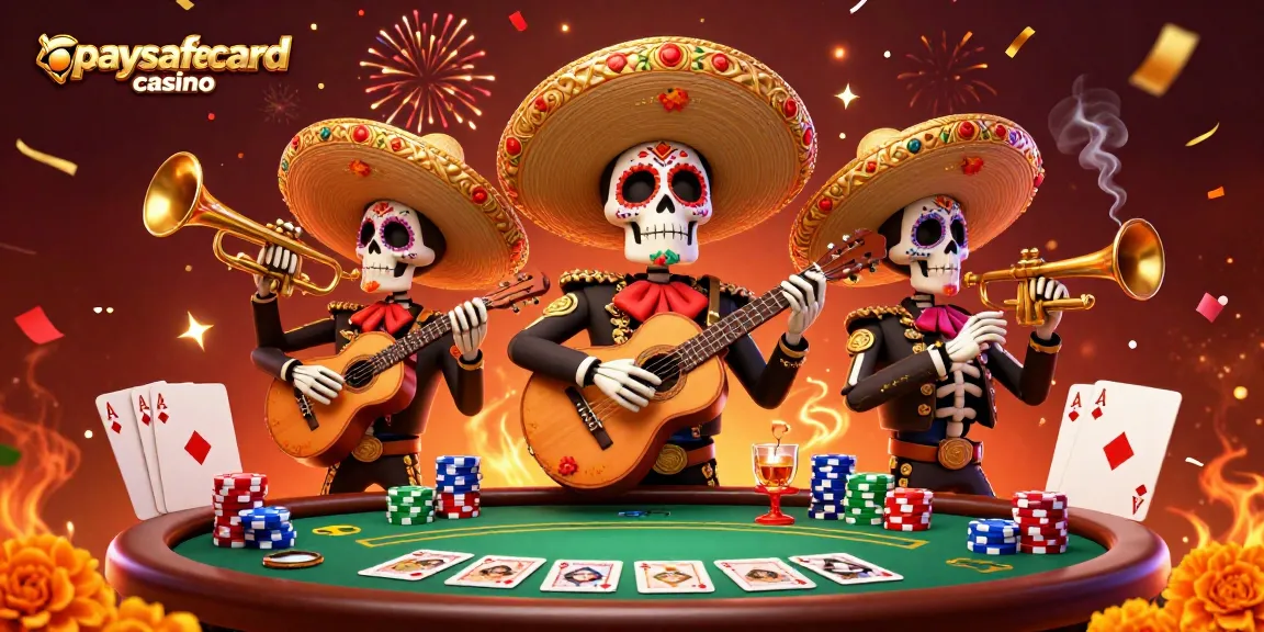 Permainan di kasino paysafecard casino dengan band mariachi Calavera berwarna-warni yang meriah.