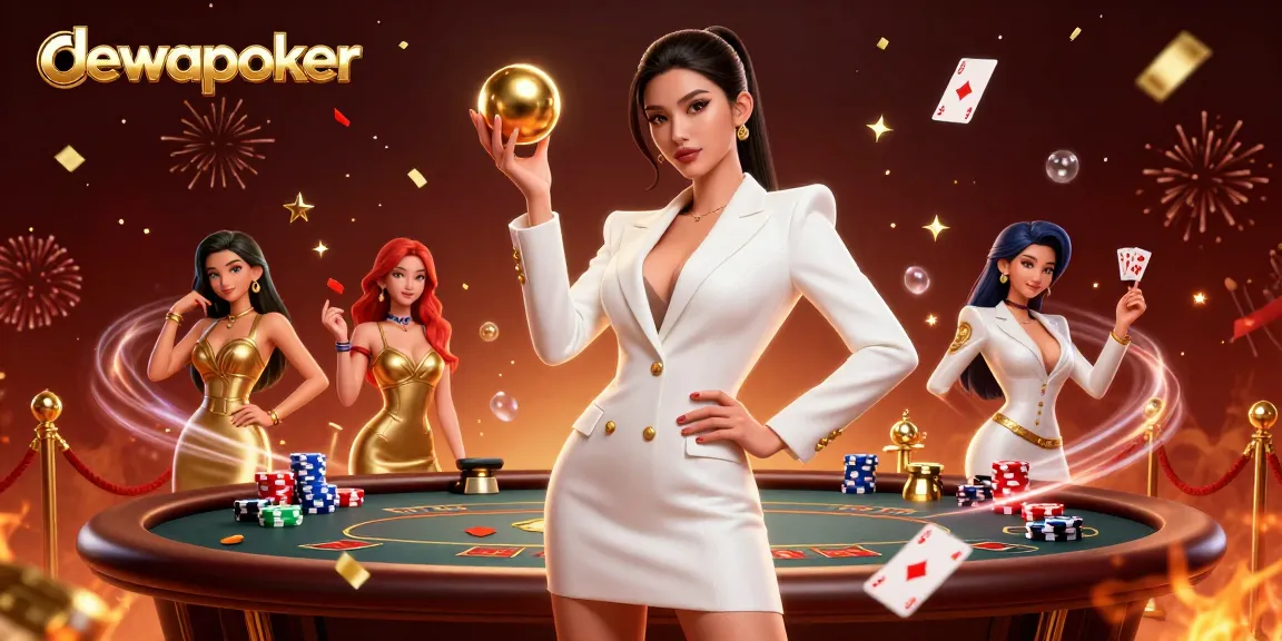 Dewapoker delivers an exciting poker experience with vibrant designs, showcasing a glamorous character in a casino.