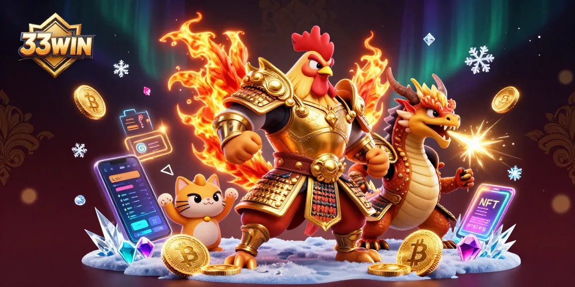 Experience immersive gaming at 33WIN with cartoon warriors, crypto coins, and festive details.