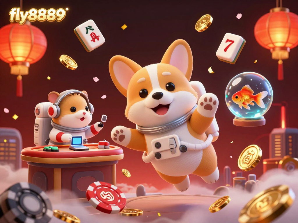 Engage in the thrilling action at fly8889 with a vibrant floating casino scene featuring a 3D corgi and dynamic gambling elements.