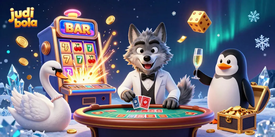 Gambol judi bola dengan slot mesin 3D yang mengeluarkan uang dan karakter kartun sedang bermain kartu.