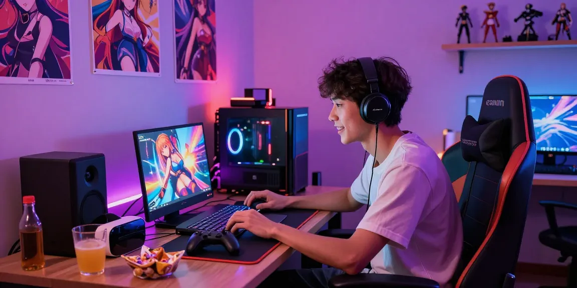 Play a captivating hentai game in a cozy gaming hub with colorful lights and collectibles.