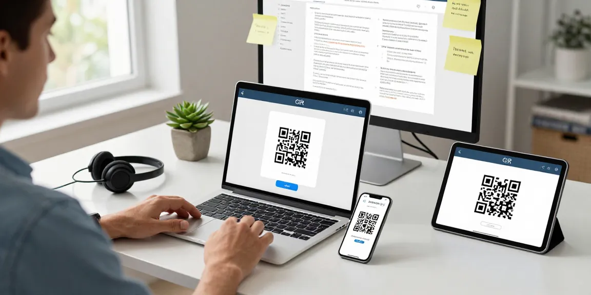 Using a qr scanner on a laptop and smartphone in a modern workspace