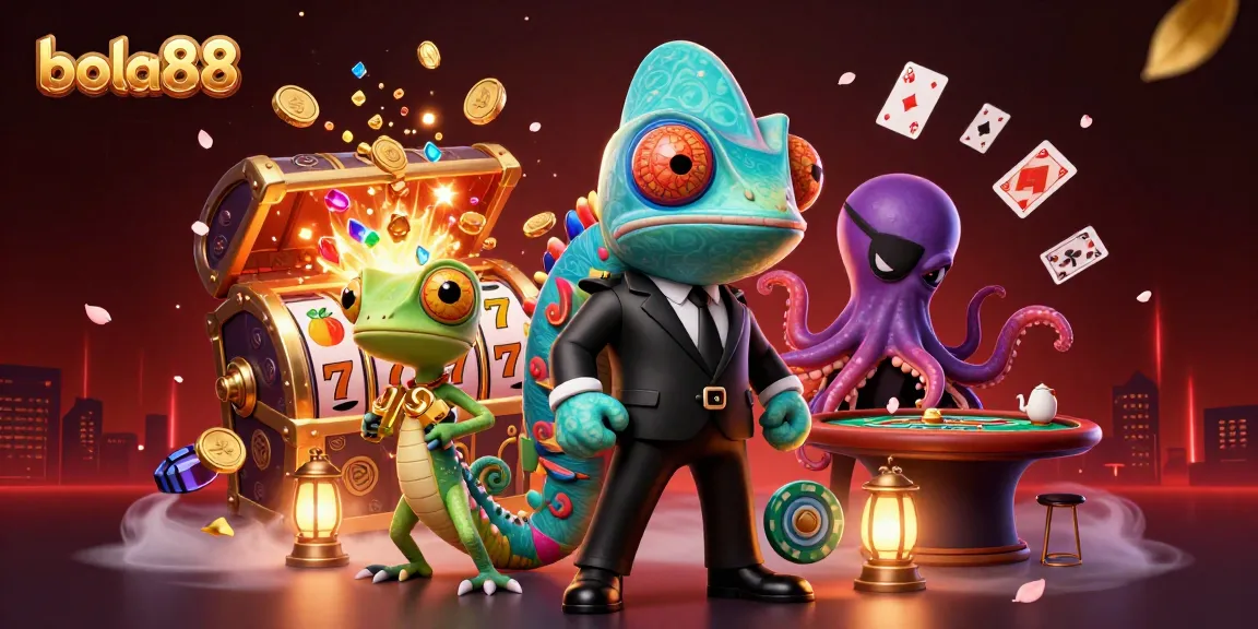 Bola88 showcases a vibrant 3D illustration featuring a chameleon agent, gecko companion, and octopus amidst casino elements.