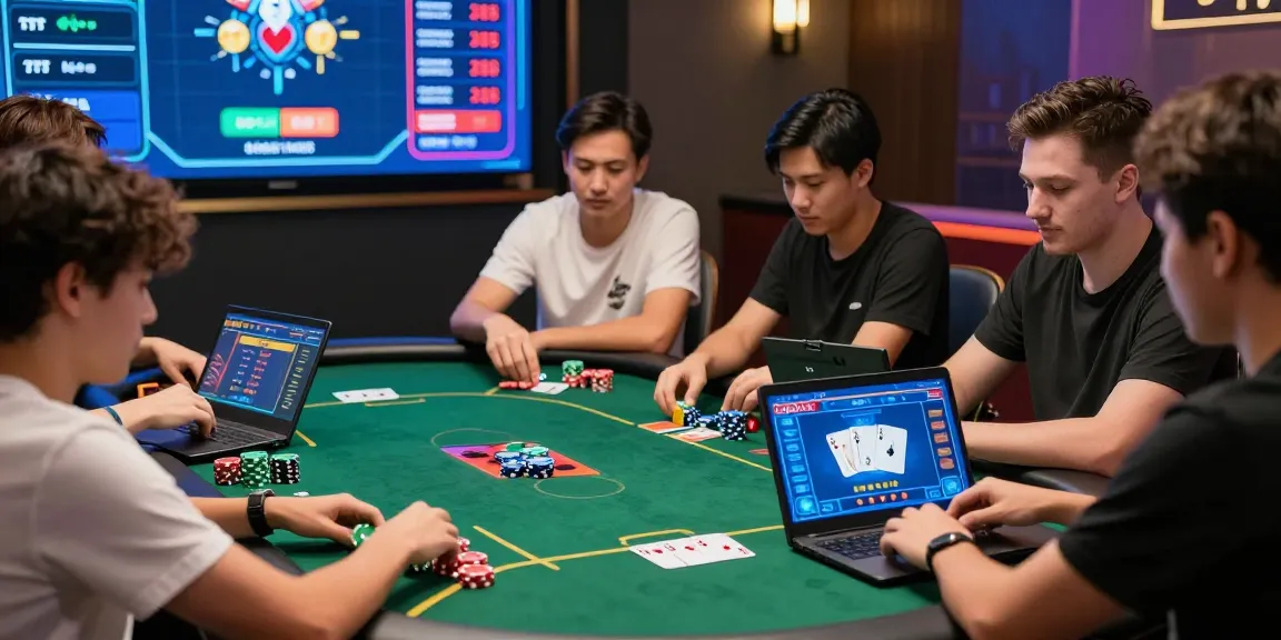 Situs Poker Online Resmi Domino88 players engaged in an exciting virtual poker game, showcasing devices and vibrant game interfaces.