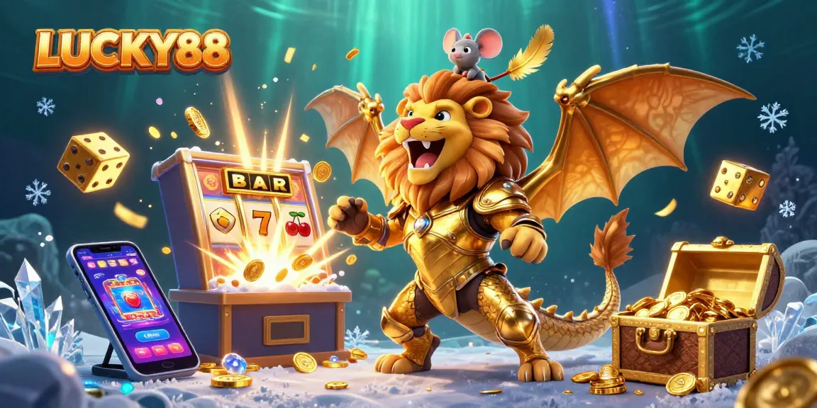 LUCKY88's triumphant chimera character rides atop a golden armor, surrounded by vibrant slot game elements.