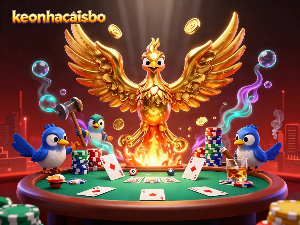 Experience thrilling gameplay with keonhacaisbo's golden phoenix amidst a vibrant poker scene.