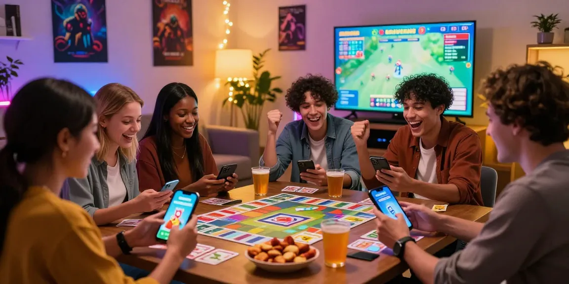 Engaging scene of friends playing new app Card Rummy in vibrant living room, celebrating wins together.