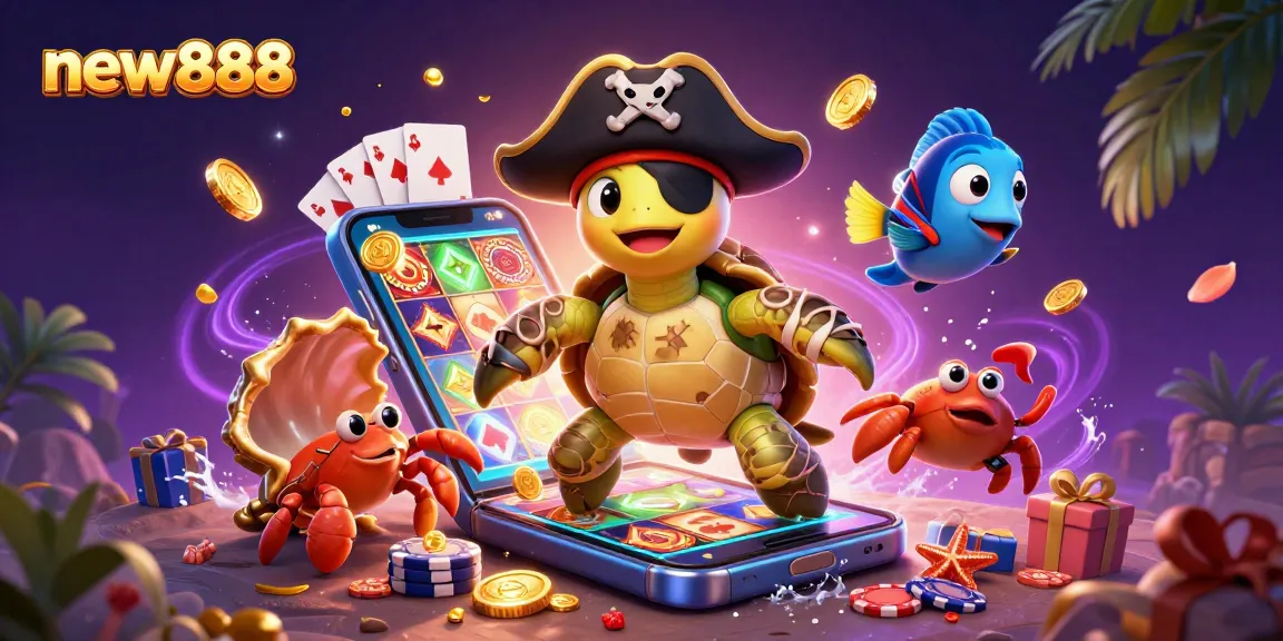 Spin the reels with new888 in this vibrant 3D casino illustration showcasing engaging game elements and characters.