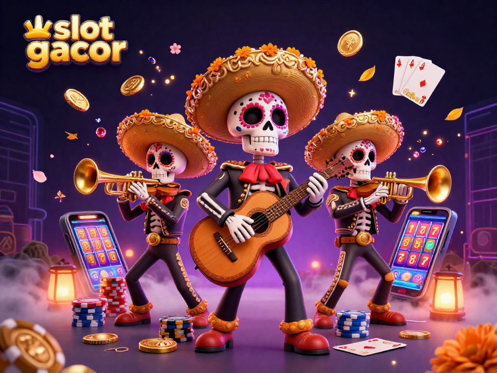 Menangkan slot gacor dengan karakter mariachi 3D yang dikelilingi koin emas dan simbol keberuntungan.