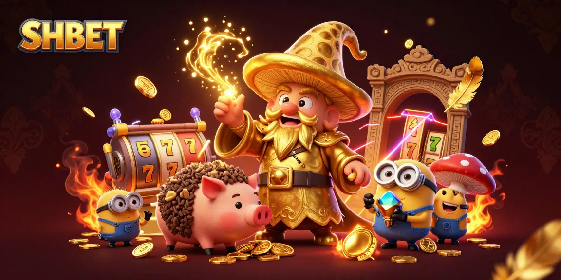 SHBET showcases a magical casino scene with a golden mushroom wizard, treasures, and animated slot elements.