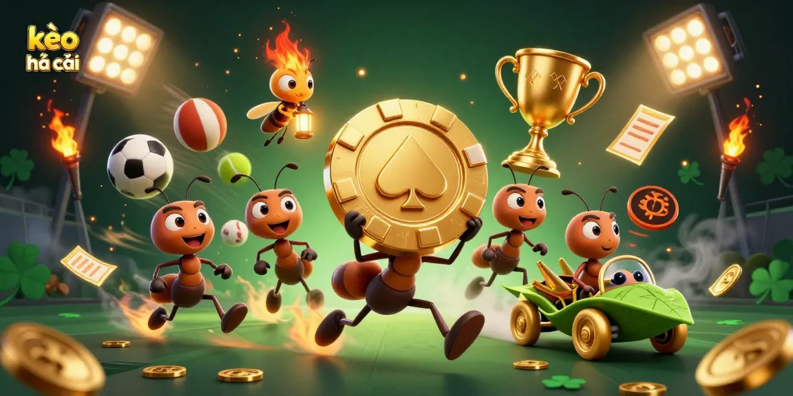 Bet on kèo nhà cái with a team of ants heisting a giant poker chip amid dynamic sports elements.