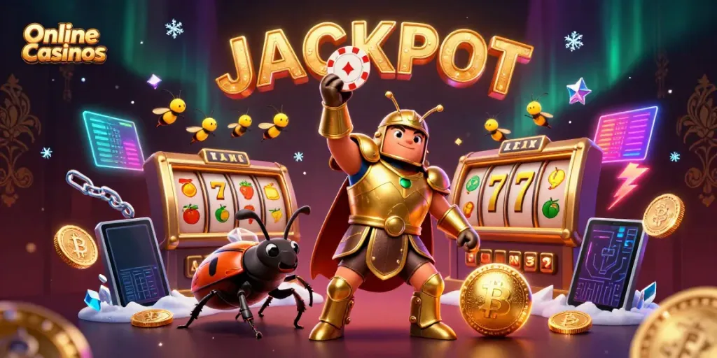 Experience thrilling Online Casinos action with a victorious beetle lifting a poker chip amidst jackpots and crypto elements.