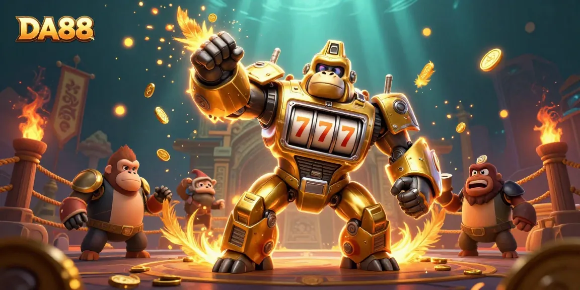 Experience thrilling wins with DA88's golden gorilla mech amidst a vibrant casino brawl.