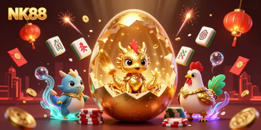 Experience the magic of NK88 with a golden dragon and thrilling casino elements.