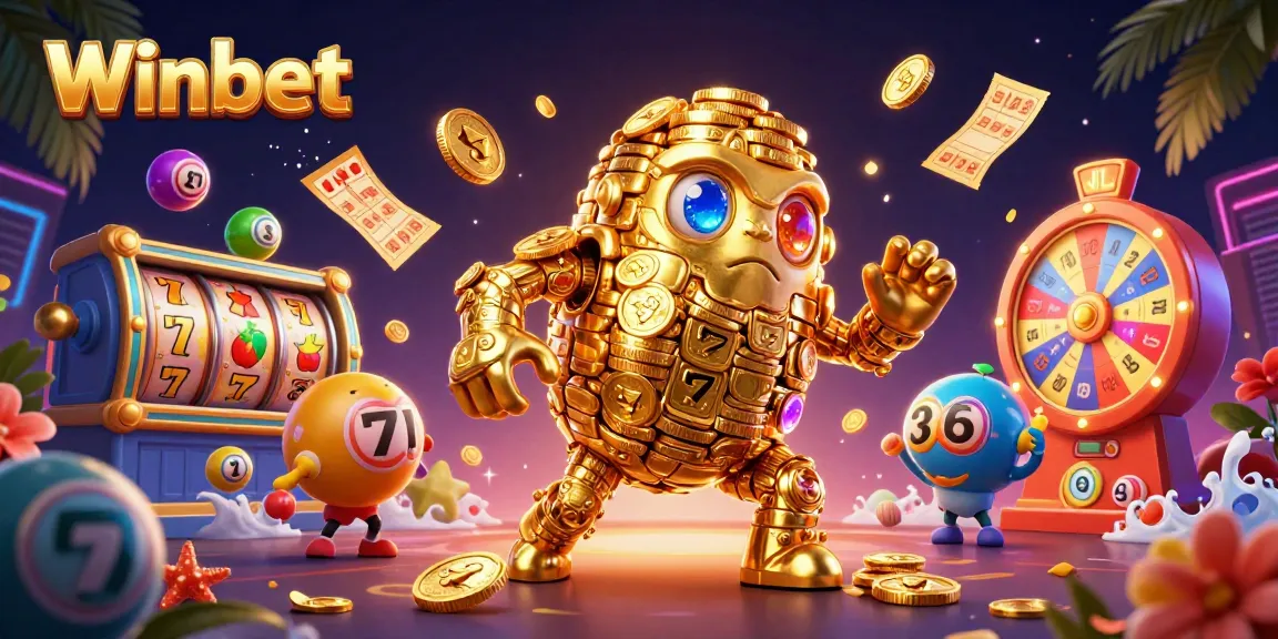 Winbet's vibrant casino experience comes to life with a dynamic ancient golden golem surrounded by playful lottery elements.