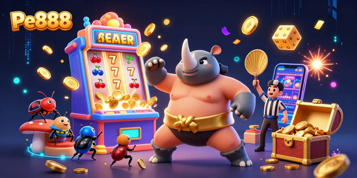 Experience Pe888’s thrilling gaming action with vibrant symbols and dynamic characters in a lively 3D scene.