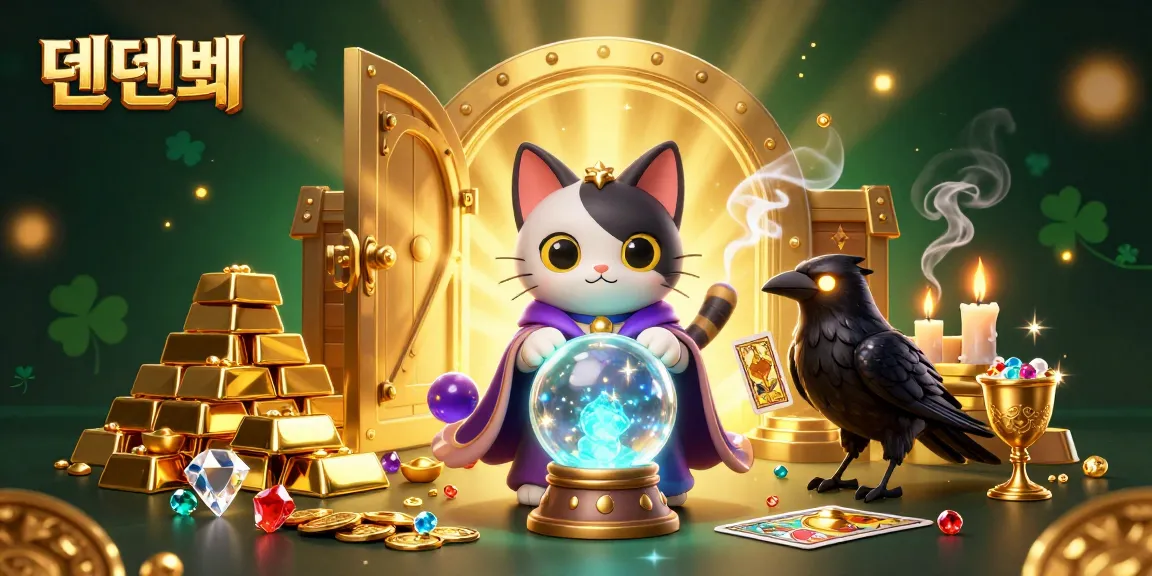 Experience the magic of 텐텐벳 with a fortune teller cat and vibrant casino treasures.