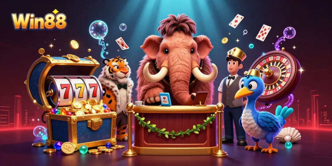 Win88: Experience excitement with a vibrant, cartoon-style casino scene featuring iconic characters and gaming elements.