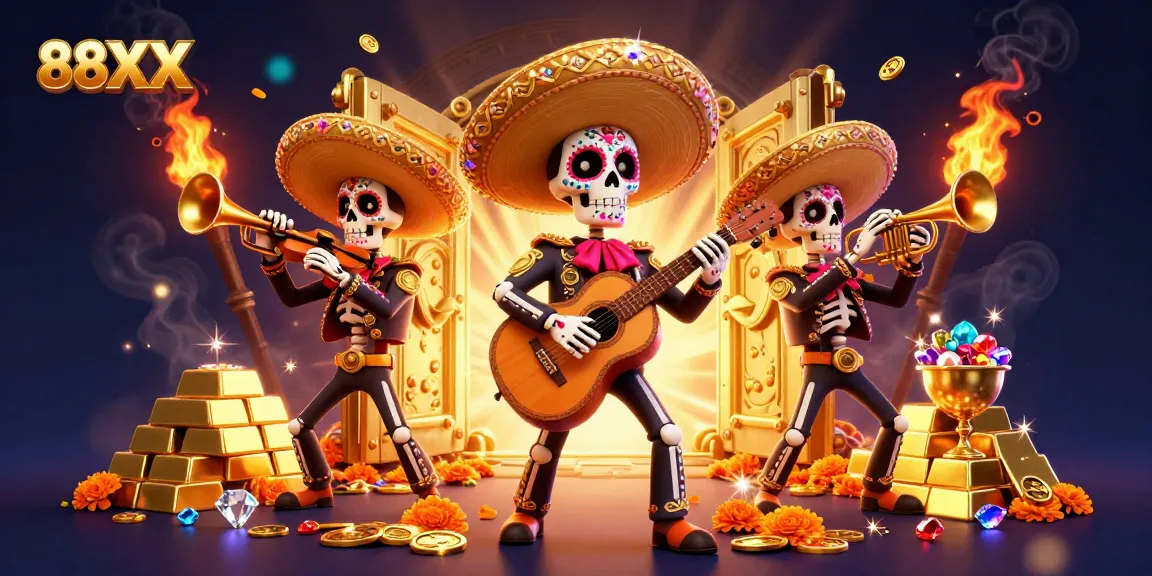 Experience the vibrant 88XX casino atmosphere with a mariachi band celebrating around a treasure vault full of riches.