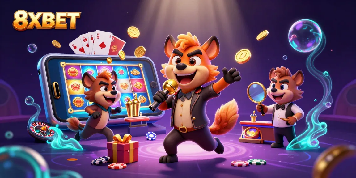 8XBET hyenas entertain the casino crowd with vibrant gaming elements and lively atmosphere.