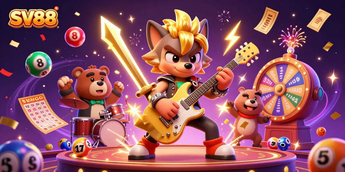 SV88 captures the excitement of gaming with a rock star wolf and dynamic lottery elements in a vibrant casino scene.