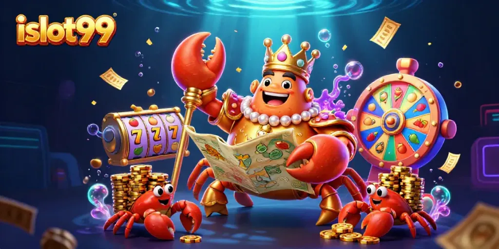 Experience thrilling gameplay with islot99, featuring a golden crab emperor in a vibrant casino scene.