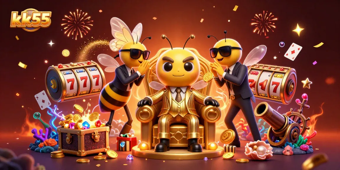 Engage with the vibrant world of KK55 as cartoon characters explore rich gambling adventures amidst gold coins and treasures.
