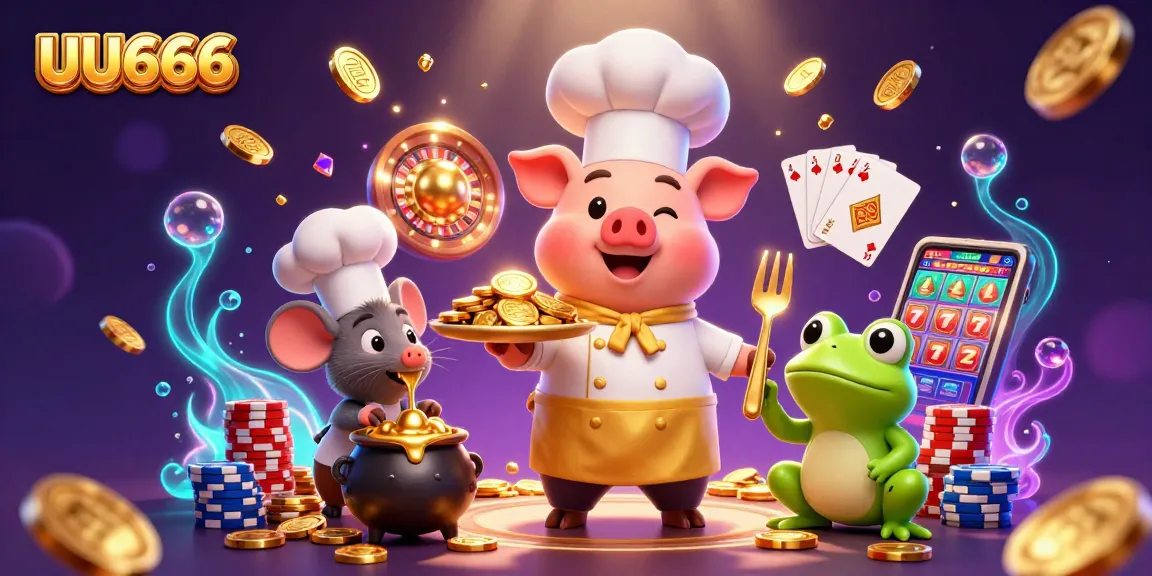 UU666 interactive scene showcasing a chef pig serving gold coins, immersed in a vibrant casino atmosphere.