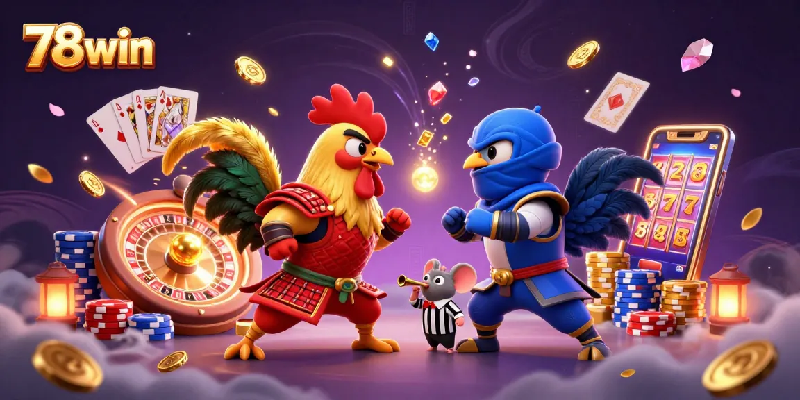 Engage with thrilling action as 78win showcases roosters battling amidst a vibrant casino scene.