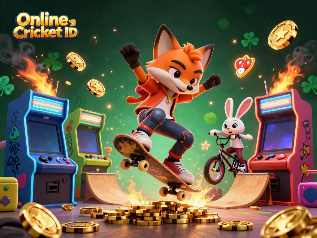 Experience Online Cricket ID with playful characters and vibrant casino-themed elements in a dynamic scene.