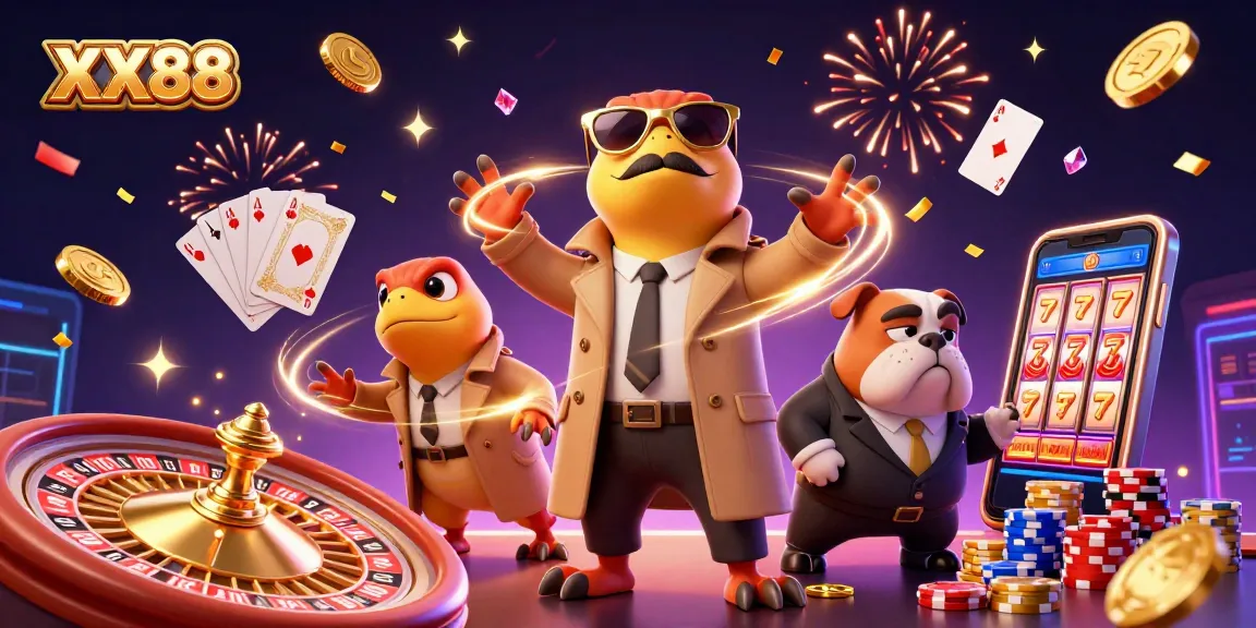 Experience the thrill of winning at XX88 with animated raptors in a trench coat entering a VIP casino.