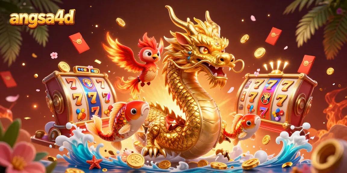 Play lucky slots with angsa4d featuring a golden dragon and a phoenix in a vibrant casino scene.