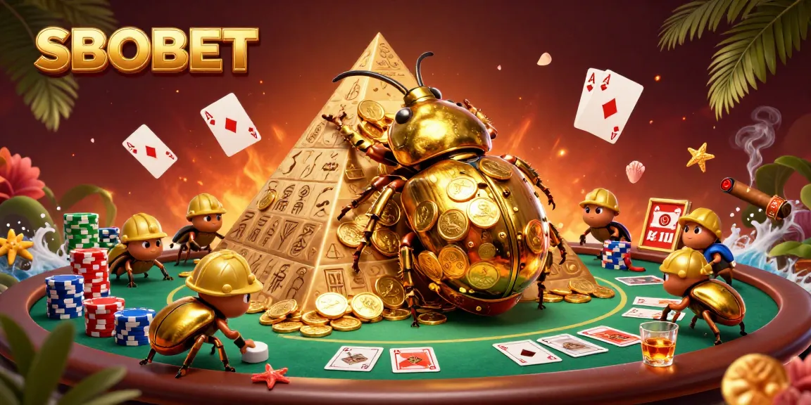 Menghadirkan SBOBET dengan koin emas dan simbol kasino yang menarik dalam ilustrasi kasino