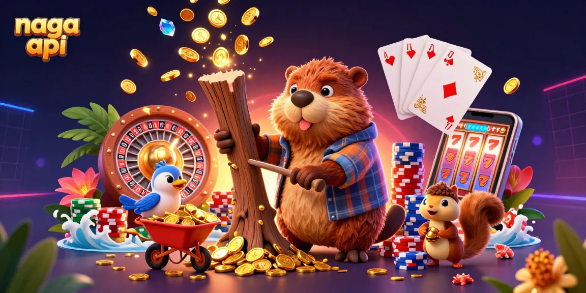 Engage with the vibrant naga api gaming scene featuring a beaver and friends collecting golden coins.