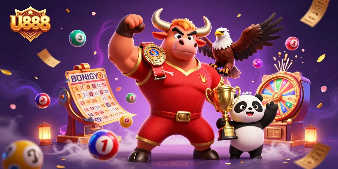 Win big with U888's vibrant casino scene featuring a bull mascot and lottery elements.