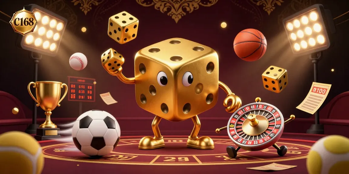 C168 sports betting illustration with a golden dice golem and dynamic sports elements.