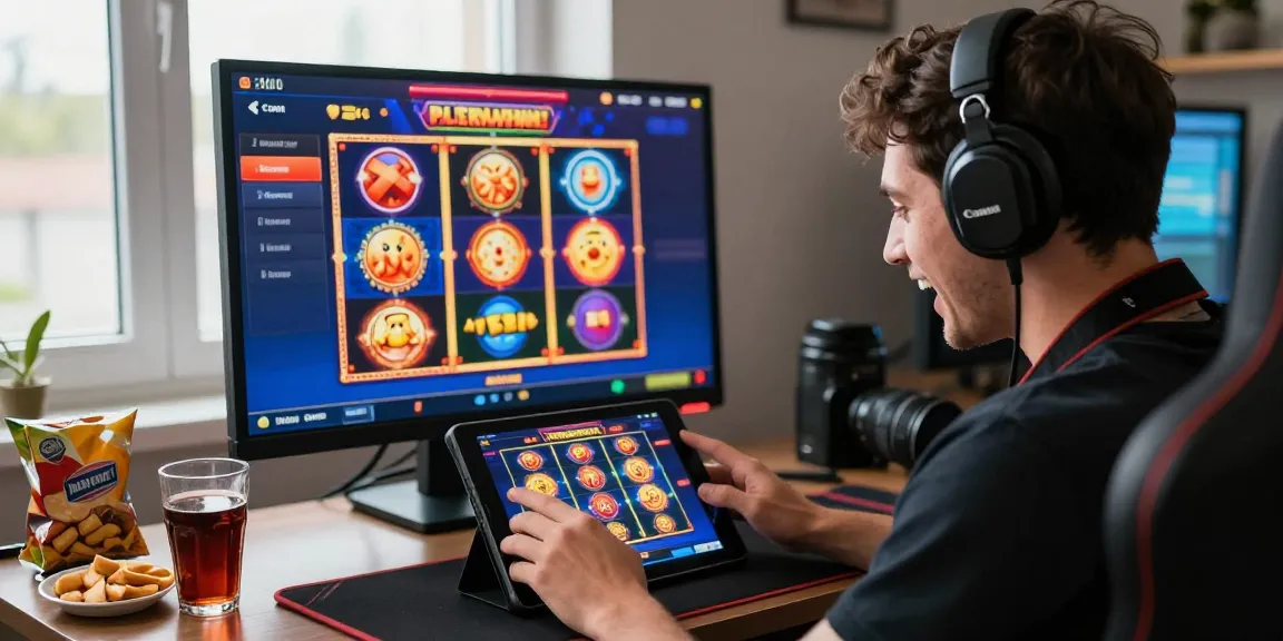 Gamer penuh semangat bermain slot online di 337sports dengan tablet, suasana menarik dan grafik cerah.