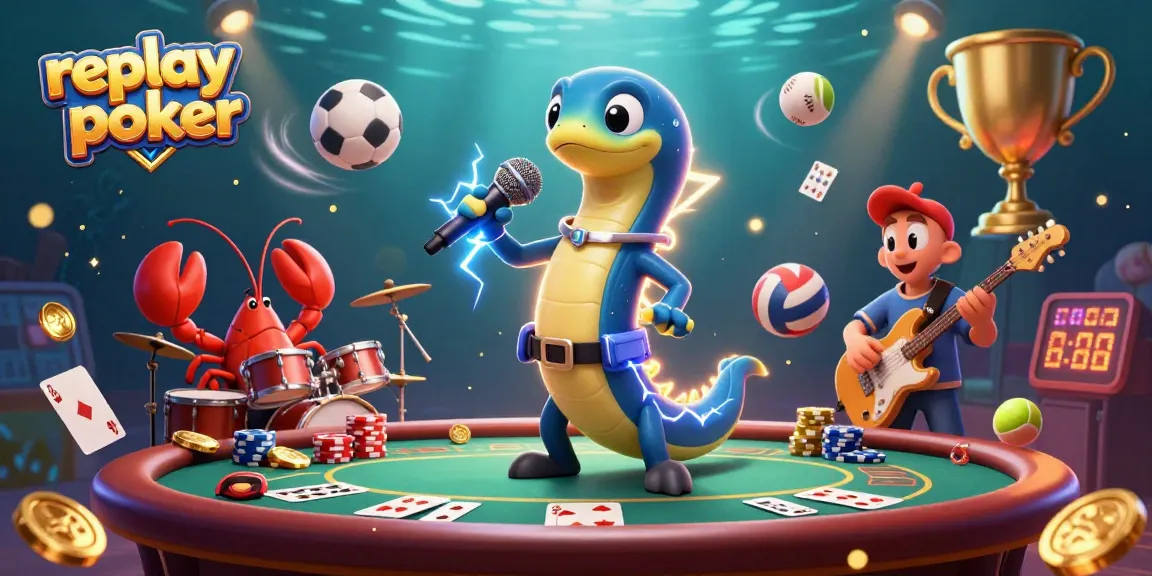 Replay poker illustration featuring vibrant underwater casino elements and dynamic characters.