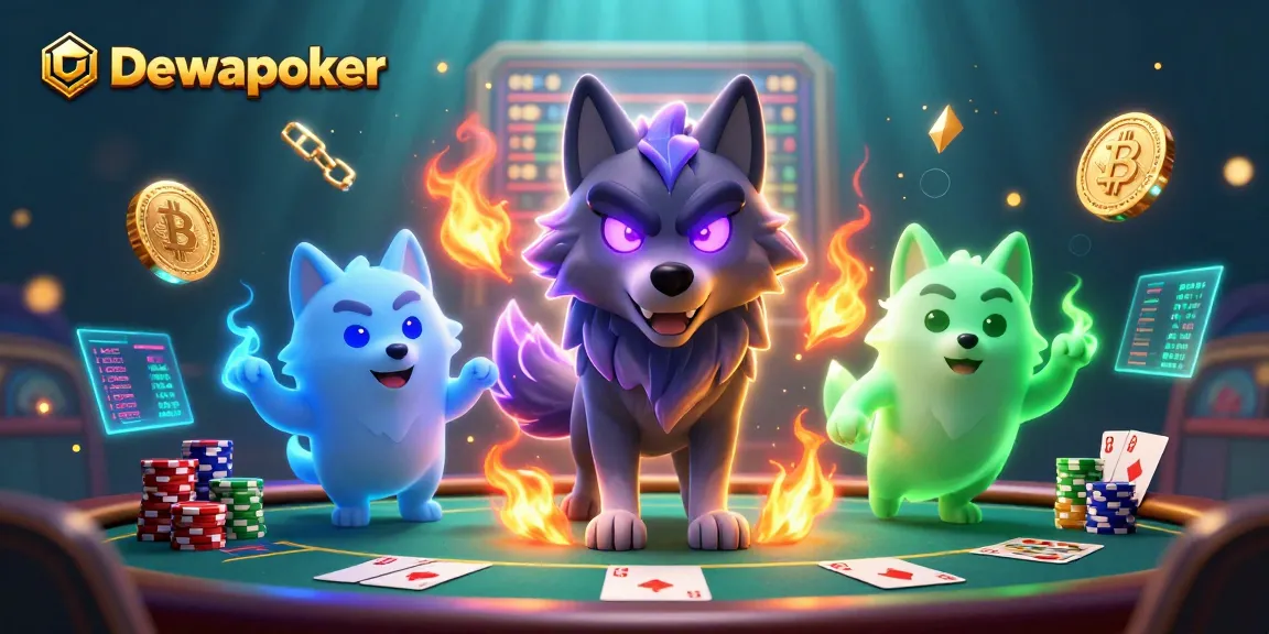 Dewapoker showcases an exciting poker scene with a dynamic wolf character leading, surrounded by poker elements and cryptocurrencies.