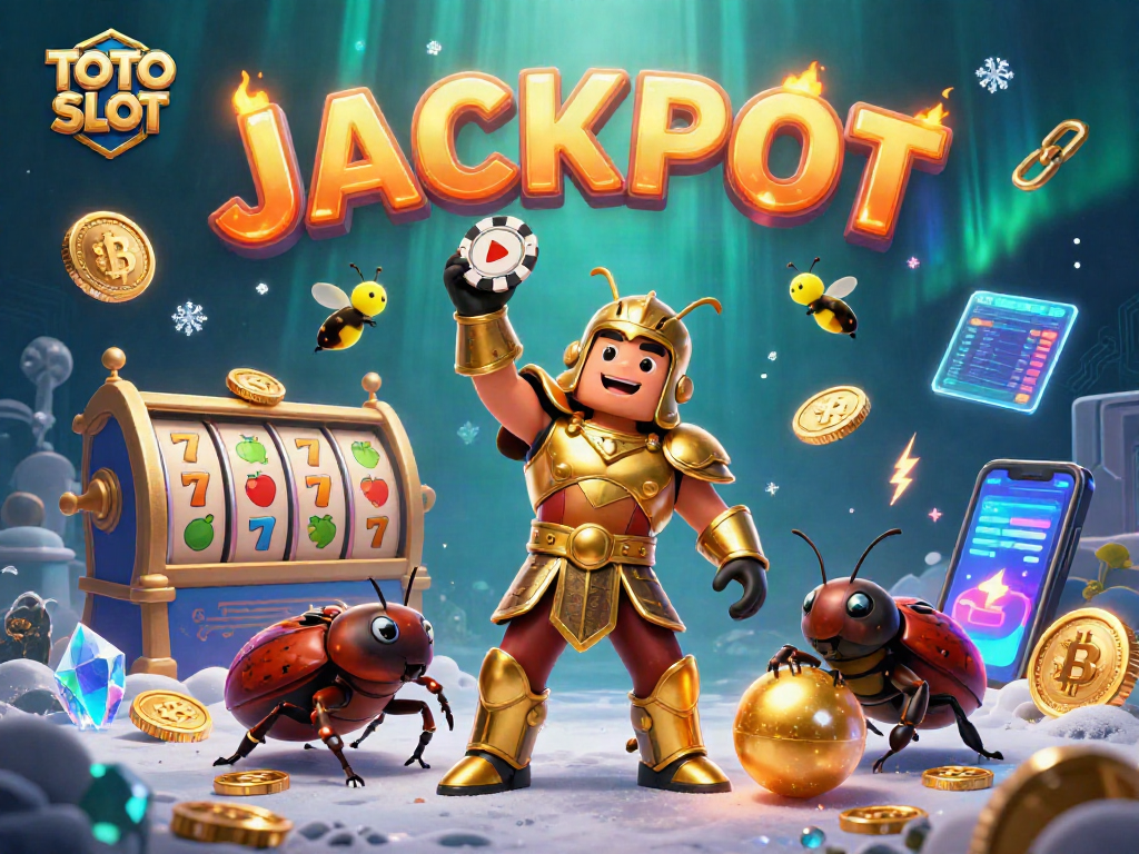 Experience TOTO SLOT excitement with a heroic beetle lifting a poker chip as fireflies declare JACKPOT!