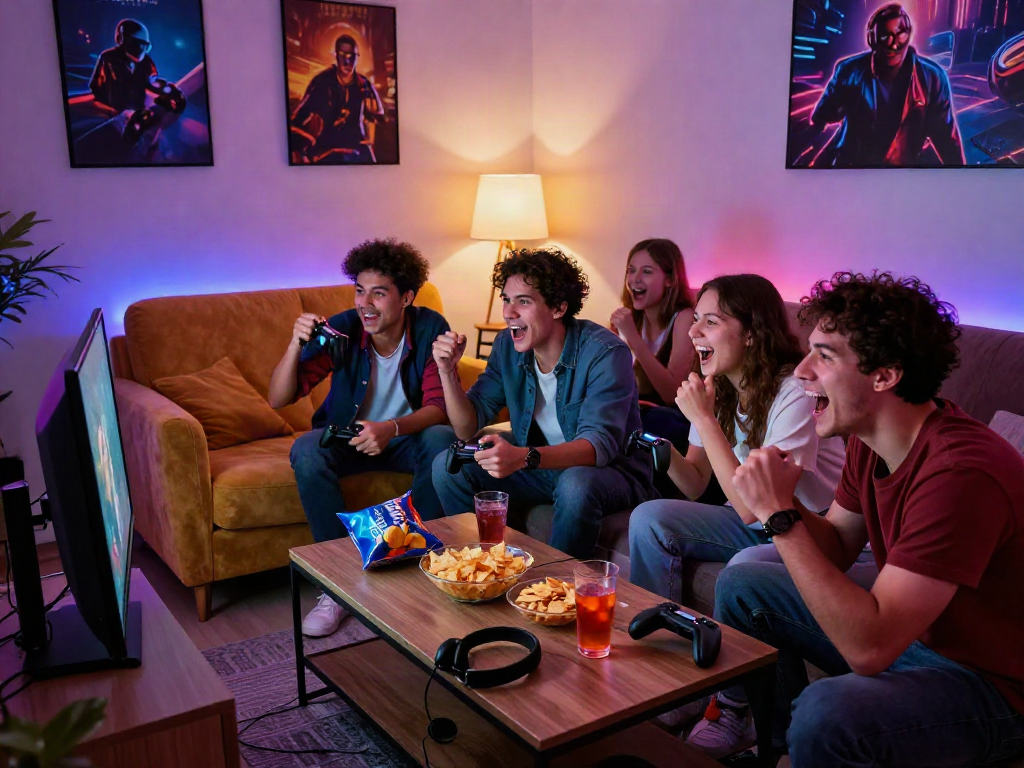 Group gaming fun with friends celebrating mgm game download in cozy setting.
