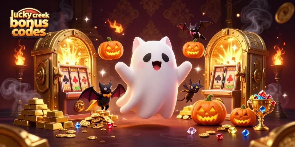 Experience lucky creek bonus codes with a festive gaming scene featuring a ghost cat and treasure.