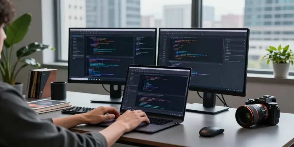 Workspace at https://jago108.com/ showcasing a developer coding with modern equipment.