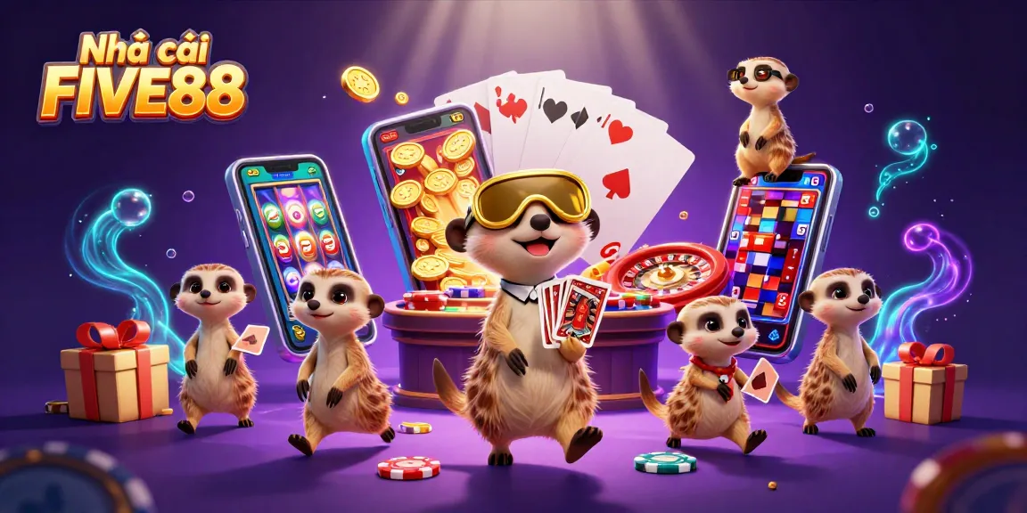 Experience the excitement at Nhà cái FIVE88 with our vibrant casino operation illustration featuring meerkats.